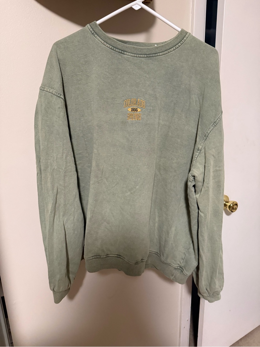 Urban Outfitters Washed Sage Green Crewneck Sweatshirt with Yellow Embroidery